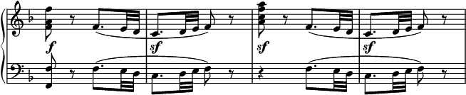 
\relative c'' {
  \new PianoStaff <<
   \new Staff \with { \remove "Time_signature_engraver" } { \key f \major \time 4/4 \set Score.tempoHideNote = ##t \tempo "" 2=86
    <f a, f>8 r f,8.( e32 d c8. d32 e f8) r <a' f c a> r f,8.( e32 d c8. d32 e f8) r
   }
   \new Dynamics {
    s2-\f s\sf s\sf s\sf 
   }
   \new Staff \with { \remove "Time_signature_engraver" } { \key f \major \time 2/4 \clef bass
    <f, f,>8 r f8.( e32 d c8. d32 e f8) r r4 f8.( e32 d c8. d32 e f8) r
   }
  >>
 }
