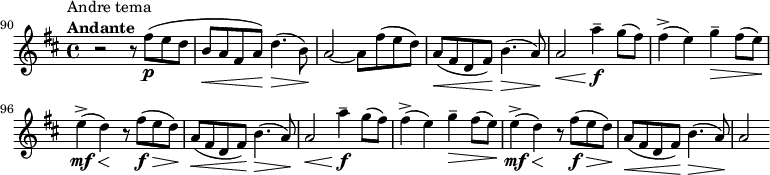 
    \relative c'' {
        \set Score.tempoHideNote = ##t \tempo 4 = 69
        \set Staff.midiInstrument = #"violin"
        \set Score.currentBarNumber = #90
        \key b \minor
        \time 4/4
        \bar ""
        r2^\markup {  \translate #'(-4 . 0)
              \column {
                \line { Andre tema }
                \line { \bold { Andante } }
            }
        }
        r8 fis(\p e d \override DynamicLineSpanner.staff-padding = #2.5
        b(\< a fis a)\! d4.(\> b8)\!
        a2~ a8 fis'( e d) \override DynamicLineSpanner.staff-padding = #3
        a(\< fis d fis)\! b4.(\> a8)\! \override DynamicLineSpanner.staff-padding = #1
        a2\< a'4--\f g8( fis)
        fis4(-> e) g--\> fis8( e)\!
        e4(->\mf\< d)\! r8 fis(\f\> e d)\! \override DynamicLineSpanner.staff-padding = #2.5
        a(\< fis d fis)\! b4.(\> a8)\! \override DynamicLineSpanner.staff-padding = #1
        a2\< a'4--\f g8( fis)
        fis4(-> e) g--\> fis8( e)\!
        e4(->\mf\< d)\! r8 fis(\f\> e d)\! \override DynamicLineSpanner.staff-padding = #3
        a(\< fis d fis)\! b4.(\> a8)\!
        a2
}
