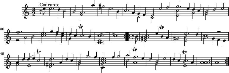 
\version "2.14.2"
\header {
  tagline = ##f
}

\score {
  \new Staff \with {
  }
  \relative c'' {
    \key c \major
    \time 3/2
    \tempo 2 = 86
    \autoBeamOff
    \clef treble
    \override Rest #'style = #'classical
    \set Score.currentBarNumber = #29

  \repeat volta 2 {
  \partial 4
  r8^"Courante" e8 | e2. d4 c2 | 
  << { b2 a2. a'4 } \\ { s2 f,2 } >>  
  gis'2 e2. b4
  << { c2. a4 g f } \\ { s1 d2 } >> 
  << { e2 e' f } \\ { c,2 } >> 
  << { g''2. e4 d c } \\ { << e,2 c' >> s2 a2 } >> 
  << { b2 d e } \\ { g,2 } >> 
  << { f'1. } \\ { r2 a,2 b } >> 
  << { e2. g4 f e } \\ { c2. s4 d c } >> 
  << { d4 c c2.\trill b4 } \\ { g4 } >> 
  << { c1.~ c1 } \\ { << c,1. e >> } >> 
  }
  \set Score.currentBarNumber = #41
  \repeat volta 2 {
  \partial 4 r8 b'8 
  << { << gis2. b >> e4 b\trill a } \\ { e2 } >> 
  << { gis2 e'2. d4 } \\ { s2 << e,2 b' >> } >> 
  << { c1 r2 } \\ { a2. g4 f e } >> 
  << { a4 d d( e) c2\trill } \\ { f,2 e1 } >> 
  << { << fis2. d' >> a4 d c } \\ { d,2 } >> 
  << { b'2 g'2. f4 } \\ { g,2 } >> 
  << { << g2. c e >> f4 g2 } \\ { c,,2 } >> 
  << { a''2 f2.\trill e4 } \\ { c2 a1 } >> 
  << { d2 b e } \\ { s2 g,2 } >> 
  << { d'4 c b2.\trill a4 } \\ { s2 e1 } >> 
  << a1. a1. >> 
  a1

  }

  }
  \layout {
    \context {
      \Score
      \remove "Metronome_mark_engraver"
    }
  }
  \midi {}
}
