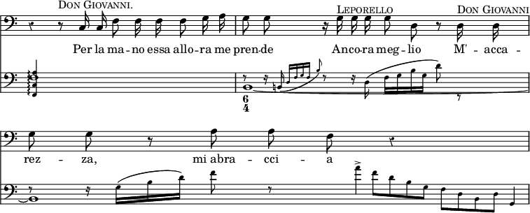 << \override Score.BarNumber #'break-visibility = #'#(#f #f #f) \override Score.Rest #'style = #'classical \override Score.TimeSignature #'stencil = ##f \time 4/4
\new Staff { \clef bass \relative c { \autoBeamOff
  r4 r8^\markup \caps "Don Giovanni." c16 c f8 f16 f f8 g16 a |
  g8 g r16 g^\markup \caps "Leporello" g g g8 d r d16^\markup \caps "Don Giovanni" d |
  g8 g r a a f r4 } }
\addlyrics { Per la ma -- no essa allo -- ra me pren -- de An -- co -- ra meg -- lio M' -- acca -- rez -- za, mi_abra -- cci -- a }
\new Staff << \clef bass
  \new Voice \relative f, { \teeny
    <f c' a'>4\arpeggio s2. |
    f'8\rest f16\rest \afterGrace b,!( { d f g f } \grace b8)
     f8\rest f16\rest d( f g b g d'8) r |
    f,8\rest f16\rest g([ b d)] f8 f,8*3/2\rest
    a'4*1/8^> f8*1/4[ d b g] f[ d b d] g,4*1/8 | }
  \new Voice \relative f { f1 | b, _~ b } >>
  \figures { s1 <6 4> } >>