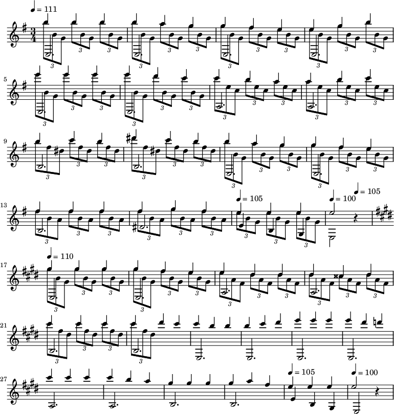 
{ \relative c'' {
 \key e \minor
 \tempo 4 = 111
 \time 3/4
 \set Staff.midiInstrument = "acoustic guitar (steel)"
 << { b'4 b b b a g g fis e e g b e e e e d c c b a a b c b c b dis c b b a g g fis e fis fis fis fis g fis \tempo 4 = 105 e e e \tempo 4 = 100 e2 } \\ { \tuplet 3/2 {b'8 b, g} \tuplet 3/2 {b' b, g} \tuplet 3/2 {b' b, g} \tuplet 3/2 {b' b, g} \tuplet 3/2 {a' b, g} \tuplet 3/2 {g' b, g} \tuplet 3/2 {g' b, g} \tuplet 3/2 {fis' b, g} \tuplet 3/2 {e' b g} \tuplet 3/2 {e' b g} \tuplet 3/2 {g' b, g} \tuplet 3/2 {b' b, g} \tuplet 3/2 {e'' b, g} \tuplet 3/2 {e'' b, g} \tuplet 3/2 {e'' b, g} \tuplet 3/2 {e'' b, g} \tuplet 3/2 {d'' b, g} \tuplet 3/2 {c' b, g} \tuplet 3/2 {c' e, c} \tuplet 3/2 {b' e, c} \tuplet 3/2 {a' e c} \tuplet 3/2 {a' e c} \tuplet 3/2 {b' e, c} \tuplet 3/2 {c' e, c} \tuplet 3/2 {b' fis dis} \tuplet 3/2 {c' fis, dis} \tuplet 3/2 {b' fis dis} \tuplet 3/2 {dis' fis, dis} \tuplet 3/2 {c' fis, dis} \tuplet 3/2 {b' fis dis} \tuplet 3/2 {b' b, g} \tuplet 3/2 {a' b, g} \tuplet 3/2 {g' b, g} \tuplet 3/2 {g' b, g} \tuplet 3/2 {fis' b, g} \tuplet 3/2 {e' b g} \tuplet 3/2 {fis' b, a} \tuplet 3/2 {fis' b, a} \tuplet 3/2 {fis' b, a} \tuplet 3/2 {fis' b, a} \tuplet 3/2 {g' b, a} \tuplet 3/2 {fis' b, a} \tuplet 3/2 {e' b g} \tuplet 3/2 {e' b g} \tuplet 3/2 {e' b g} s2 } \\ { e,2. e e e e e a a b b e, e b' dis e4 b g \stemDown e2 \stemNeutral } >> \tempo 4 = 105 r4
 \key e \major
 << { \tempo 4 = 110 gis''4 gis gis gis fis e e dis dis dis cisis dis cis' cis cis cis dis cis cis b b b cis dis e e e e dis d cis cis cis cis b a gis gis gis gis a fis \tempo 4 = 105 e e e \tempo 4 = 100 e2 } \\ { \tuplet 3/2 {gis8 b, gis} \tuplet 3/2 {gis' b, gis} \tuplet 3/2 {gis' b, gis} \tuplet 3/2 {gis' b, gis} \tuplet 3/2 {fis' b, gis} \tuplet 3/2 {e' b gis} \tuplet 3/2 {e' a, fis} \tuplet 3/2 {dis' a fis} \tuplet 3/2 {dis' a fis} \tuplet 3/2 {dis' a fis} \tuplet 3/2 {cisis' a fis} \tuplet 3/2 {dis' a fis} \tuplet 3/2 {cis'' fis, dis} \tuplet 3/2 {cis' fis, dis} \tuplet 3/2 {cis' fis, dis} \tuplet 3/2 {cis' fis, dis} } \\ { e,,2. e a a b b e, e e e a a b b e4 b gis e2 } >> r4
 } } 