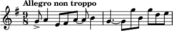  \relative f' { \key e \minor \time 9/8 \tempo "Allegro non troppo" g8-> a4 e8 fis a~ a b4 | g4.~ g8 g' b, g' d e }