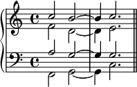 
   \new PianoStaff <<
      \new Staff <<
         \new Voice \relative c'' {
             \stemUp \clef treble \key c \major \time 4/4
             c2 b^~ b4 c2.
             }
         \new Voice \relative c' {
             \stemDown
              f2 d_~ d4 e2.
              }
            >>
     \new Staff <<
         \new Voice \relative c' {
             \stemUp \clef bass \key c \major \time 4/4
             a2 g^~ g4 g2.
             }
         \new Voice \relative c, {
             \stemDown
             f2 g_~ g4 c2. \bar "||"
             }
         >>
    >>
