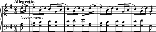 
\relative c'' {
  \new PianoStaff <<
   \new Staff {
    \key g \major \time 2/4 \set Score.tempoHideNote = ##t \tempo "Allegretto." 4=90 \partial 8
    \override TextScript #'whiteout = ##t
    d16( _\markup \italic leggiermente g e8-.) b16( d c8-.) g16( b c8-.) a16( d b8-.) d16( g
    e8-.) b16( d c8-.) g16( b c8-.) a16( d g,8-.)
   }
   \new Staff { \key g \major \time 2/4 \clef bass
    <b, g>8 <c! g> <d g,> <e g,> <d g,> <e g,> <fis g,> <g g,> <b, g>
    <c g> <d g,> <e g,> <d g,> <e g,> <fis g,> g,
   }
  >>
 }
