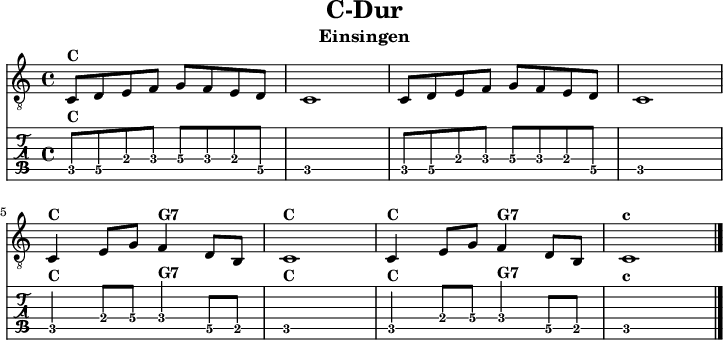 
\version "2.20.0"
\header {
  title="C-Dur"
  subtitle="Einsingen"
}
%% Diskant- bzw. Melodiesaiten
Diskant = \relative c {
  \set TabStaff.minimumFret = #2
  \set TabStaff.restrainOpenStrings = ##t
  \key c \major
  
  c8^\markup { \bold {C} } d e f g f e d | c1
  c8 d e f g f e d | c1
  \break
  c4^\markup { \bold {C} } e8 g | f4^\markup { \bold {G7} } d8 b | c1^\markup { \bold {C} } 
c4^\markup { \bold {C} } e8 g | f4^\markup { \bold {G7} } d8 b | 
  \set TabStaff.minimumFret = #0
c1^\markup { \bold {c} }
  \bar "|."
}

%% Layout- bzw. Bildausgabe
\score {
  <<
    \new Voice  { 
      \clef "treble_8" 
      \time 4/4  
      \tempo 4 = 120 
      \set Score.tempoHideNote = ##t
      \Diskant 
    }
    \new TabStaff { \tabFullNotation \Diskant }
  >>
  \layout {}
}

%% Midiausgabe mit Wiederholungen, ohne Akkorde
\score {
  <<
    \unfoldRepeats {
      \new Staff  <<
        \tempo 4 = 120
        \time 4/4
        \set Staff.midiInstrument = #"acoustic guitar (nylon)"
        \clef "G_8"
        \Diskant
      >>
    }
  >>
  \midi {}
}
%% unterdrückt im raw="!"-Modus das DinA4-Format.
\paper {
  indent=0\mm
  %% DinA4 = 210mm - 10mm Rand - 20mm Lochrand = 180mm
  line-width=180\mm
  oddFooterMarkup=##f
  oddHeaderMarkup=##f
  % bookTitleMarkup=##f
  scoreTitleMarkup=##f
}
