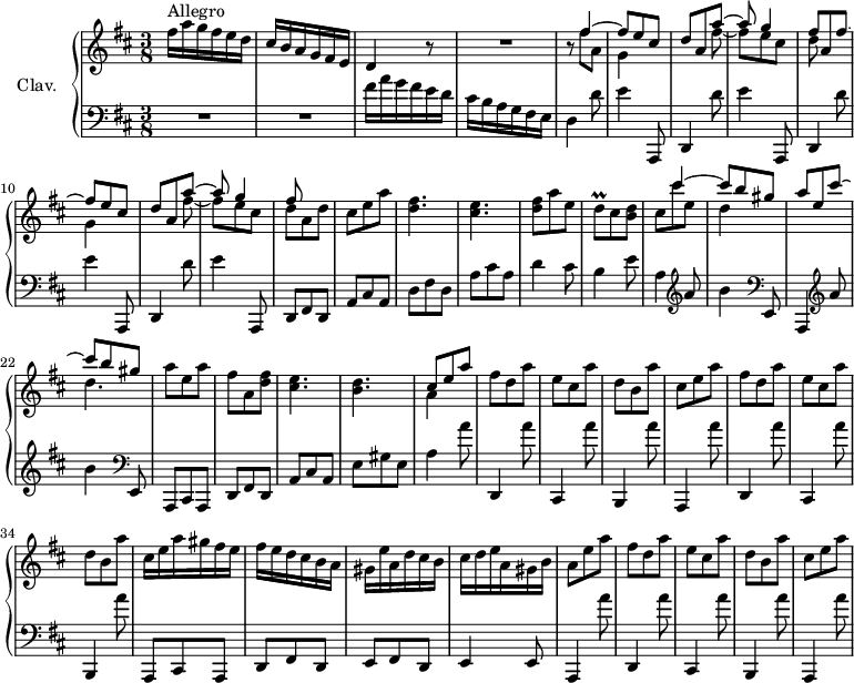 
\version "2.18.2"
\header {
  tagline = ##f
  % composer = "Domenico Scarlatti"
  % opus = "K. 484"
  % meter = "Allegro"
}

%% les petites notes
trillDq     = { \tag #'print { d8\prall } \tag #'midi { e32 d e d } }

upper = \relative c'' {
  \clef treble 
  \key d \major
  \time 3/8
  \tempo 4. = 88
  \set Staff.midiInstrument = #"harpsichord"
  \override TupletBracket.bracket-visibility = ##f

      s8*0^\markup{Allegro}
      fis16 a g fis e d | cis b a g fis e | d4 r8 | R4. |
      % ms. 5
      r8 << { fis'4~ | fis8 e cis | d a a'~ | a g4 | fis8 a, fis'~ | fis e cis | d a a'~ | a g4 | fis8 } 
         \\ { fis8 a, | g4 s8 | s4 fis'8~ | fis e cis | d s4 | g,4 s8 | s4 fis'8~ | fis e cis | d a d } >>
      % ms. 14
      cis8 e a | < d, fis >4. | < cis e > | < d fis >8 a' e | \trillDq cis8 < b d > |
      % ms. 19
      << { s8 cis'4~ | cis8 b gis | a e cis'~ | cis b gis } 
      \\ { cis,8 cis' e, | d4 s8 | s4. | d4. } >> |
      a'8 e a | fis a, < d fis > | < cis e >4. | < b d > << { cis8 e a } \\ { a,4 } >> |
      % ms. 28
      fis'8 d a' | e cis a' | d, b a' | cis, e a | fis8 d a' | e cis a' | d, b a' |
      % ms. 35
      cis,16 e a gis fis e | fis e d cis b a | gis e' a, d cis b | cis d e a, gis b | a8 e' a | fis d a' |
      % ms. 41
      e8 cis a' | d, b a' | cis, e a | 

}

lower = \relative c' {
  \clef bass
  \key d \major
  \time 3/8
  \set Staff.midiInstrument = #"harpsichord"
  \override TupletBracket.bracket-visibility = ##f

    % ************************************** \appoggiatura a16  \repeat unfold 2 {  } \times 2/3 { }   \omit TupletNumber 
      R4.*2 | fis16 a g fis e d | cis b a g fis e | d4 d'8 | e4 a,,,8 |
      % ms. 7
      \repeat unfold 3 { d4 d''8 | e4 a,,,8 } | d8 fis d
      % ms. 14
      a'8 cis a | d fis d | a' cis a | d4 cis8 | b4 e8 | a,4  \clef treble  a'8 | b4   \clef bass e,,,8 |
      % ms. 21
      a,4 \clef treble  a'''8 | b4   \clef bass e,,,8 | a, cis a | d fis d | a' cis a | e' gis e | a4 a'8 |
      % ms. 28
      d,,,4 a'''8 | cis,,,4 a'''8 | b,,,4 a'''8 | a,,,4 a'''8 | d,,,4 a'''8 | cis,,,4 a'''8 | b,,,4 a'''8 |
      % ms. 35
      a,,,8 cis a | d fis d | e fis d | e4 e8 | a,4 a'''8 | d,,,4 a'''8 |
      % ms. 41
      cis,,,4 a'''8 | b,,,4 a'''8 | a,,,4 a'''8 |

}

thePianoStaff = \new PianoStaff <<
    \set PianoStaff.instrumentName = #"Clav."
    \new Staff = "upper" \upper
    \new Staff = "lower" \lower
  >>

\score {
  \keepWithTag #'print \thePianoStaff
  \layout {
      #(layout-set-staff-size 17)
    \context {
      \Score
     \override SpacingSpanner.common-shortest-duration = #(ly:make-moment 1/2)
      \remove "Metronome_mark_engraver"
    }
  }
}

\score {
  \keepWithTag #'midi \thePianoStaff
  \midi { }
}
