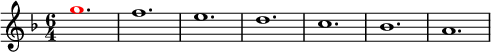 
\relative g'
{  
\time 6/4 
\key f \major
\override Voice.NoteHead.color = #(rgb-color 1 0 0)g'1. \override Voice.NoteHead.color = #(rgb-color 0 0 0)f1. e1. d1. c1. bes1. a1.
} 
