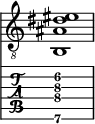  
<<
  %\override Score.BarLine.break-visibility = ##(#f #t #t)
  \time 1/1
    \new Staff  {
    \clef "treble_8"
        \once \override Staff.TimeSignature #'stencil = ##f
        <b,  ais dis' eis' >1
    }

     \new TabStaff {
       \override Stem #'transparent = ##t
       \override Beam #'transparent = ##t 
      <b,\6  ais\4 dis'\3 f'\2 >1
  }
>>
