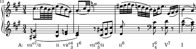 
{
    #(set-global-staff-size 14.5)
      \set Score.proportionalNotationDuration = #(ly:make-moment 1/7)
      <<
      \new PianoStaff <<
        \new Staff <<
           \clef treble \key a \major \time 3/4
           \set Score.currentBarNumber = #13
           \bar ""
           \new Voice \relative c'' {
                \set Score.tempoHideNote = ##t \tempo 4 = 60
                cis8.( d64 cis b cis) e8( d b gis)
                a8.( cis32 a) g'2
                eis32([ fis gis fis] e[ d cis b)] a16-.[ cis-. e8.] e,16( fis gis)
                b4( a8)
                }
            >>
        \new Staff <<
           \clef treble \key a \major \time 3/4
           \new Voice \relative c' {
                <ais g'>4(_\markup { \concat { \translate #'(-7 . 0) { "A:   vii" \raise #1 \small "o7" "/ii" \hspace #7 "ii" \hspace #1.8 "vii" \raise #1 \small "o" \combine \raise #1 \small 4 \lower #1 \small 3 \hspace #1.8 "I" \raise #1 \small "6" \hspace #4 "vii" \raise #1 \small "o" \combine \raise #1 \small 6 \lower #1 \small 5 "/ii" \hspace #7 "ii" \raise #1 \small "6" \hspace #13 "I" \combine \raise #1 \small 6 \lower #1 \small 4 \hspace #3.7 "V" \raise #1 \small "7" \hspace #5 "I" } } }
                <b fis'> <d f>
                <cis e>) r8 <cis ais'>8( <d b'> <e cis'>)
                <d d'>8 r \clef bass <e, cis'> r <e d'> r
                <a_~ d>4( <a cis>8)
                }
            >> >>
    >>  }
