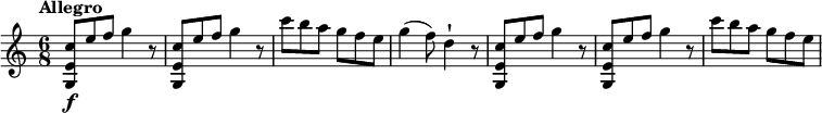 
\relative c'' {
    \version "2.18.2"
    \key c \major
    \tempo "Allegro"
    \time 6/8
    \tempo 4 = 120
    <g, e' c'>8 \f [e''8 f] g4 r8
    <g,, e' c'>8  [e''8 f] g4 r8
    c8 b a g f e
    g4 (f8) d4-! r8
    <g,, e' c'>8  [e''8 f] g4 r8
    <g,, e' c'>8  [e''8 f] g4 r8
    c8 b a g f e
  }
