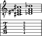  
<<
  %\override Score.BarLine.break-visibility = ##(#f #t #t)
  \time 2/1
    \new Staff  {
    \clef "treble_8"
        \once \override Staff.TimeSignature #'stencil = ##f
        < cis eis gisis cis' >1 | < des f a des' >1 |
    }

     \new TabStaff {
       \override Stem #'transparent = ##t
       \override Beam #'transparent = ##t 
      s2 < cis\5 f\4 a\3 cis'\2 >1 s2
  }
>>
