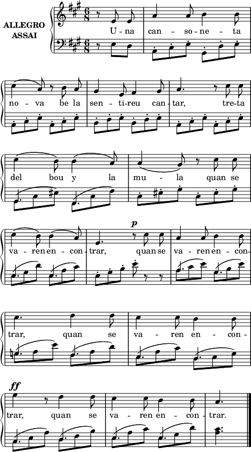 

\version "2.14.2"

\header {
  % Eliminar el pie de página predeterminado de LilyPond
  tagline = ##f
}

\layout {
  \context {
    \Score
    \remove "Bar_number_engraver"
  }
}

global = {
  \set Score.tempoHideNote = ##t
  \tempo 8 = 200
  \key a \major
  \time 6/8
  \partial4.
  \override Staff.Rest #'style = #'classical
  \override Staff.KeySignature #'break-visibility = #'#(#f #f #f)
  \override Staff.Clef #'break-visibility = #'#(#f #f #f)
  \override Staff.TimeSignature #'break-visibility = #'#(#f #t #t)
  \override Score.SystemStartBar #'collapse-height = #1
  \override Stem #'neutral-direction = #-1
}

right = \relative c' {
  \global
  % La música continúa aquí.
  \autoBeamOff
  r8 e e
  a4 a8 b4 b8 \break
  cis4^\( a8\) r b a
  gis4 e8 fis4 gis8
  a4. r8 cis cis \break
  cis4^\( b8\) b4^\( a8\)
  a4_\( gis8\) r cis cis \break
  cis4^\( b8\) b4^\( a8\)
  e4. r8^\p cis' cis
  a4 a8 b4 b8 \break
  cis4. d4 d8
  cis4 cis8 b4 b8 \break
  e4^\ff r8 d4 d8
  cis4 cis8 b4 b8
  a4. \bar"|."
  
}

leftA = \relative c {
  \global
  \stemDown
  % La música continúa aquí.
  r8 e d
  a^. cis^. e^. gis,^. d'^. e^.
  a,^. cis^. e^. a,^. cis^. e^.
  b^. d^. e^. b^. d^. e^.
  a,^. cis^. e^. a,^. cis^. e^.
  gis,8^\( cis8 eis\) fis,^\( cis' fis\)
  cis^. eis^. gis^. cis,^. eis^. gis^.
  e\( gis d'\) e,^\( a cis\)
  e,^. gis^. b^. e^. r r
  a,^\( cis e\) gis,^\( b e\)
  g,^\( a e'\) fis,^\( a d\)
  e,^\( a cis\) d,^\( e gis\)
  cis,^\( e a\) d,^\( fis b\)
  e,^\( a cis\) e,^\( gis d'\)
  <a cis>4.
}
leftB = \relative c {
  \global
  \stemUp
  \mergeDifferentlyDottedOn
  \mergeDifferentlyHeadedOn
  s4.
  \repeat unfold 4 {s2.}
  gis4. fis
  s2.
  e'4. e4.
  s2.
  a4. gis
  g fis
  e d
  cis d
  e e
  s4.
}
left = <<\leftB \leftA>>

lletra = \lyricmode {
  U -- na can -- so -- ne -- ta no -- va
  be la sen -- ti -- reu can -- tar,
  tre -- ta del bou y la mu -- la
  quan se va -- ren en -- con -- trar,
  quan se va -- ren en -- con -- trar,
  quan se va -- ren en -- con -- trar,
  quan se va -- ren en -- con -- trar.
  
}

\score {
  \new StaffGroup \with {
    instrumentName = \markup {
      \center-column \bold {ALLEGRO ASSAI}
    }
    systemStartDelimiter = #'SystemStartBrace
  } <<
    \new Voice = "right" \with {
      midiInstrument = "acoustic grand"
    } \right
    \new Lyrics \lyricsto "right" {
      \lletra
    }
    \new Staff = "left" \with {
      midiInstrument = "acoustic grand"
    } { \clef bass \left }
  >>
  \layout {
    indent = 25
    %    ragged-last = ##t
    line-width = 125
  }
  \midi {}
}
