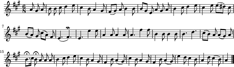 
\relative c'' {
  \key a \major
  \time 6/8
  \partial 4.
  \autoBeamOff
  a8 gis a
  b b cis d4 e8
  cis4 b8 a4 gis8
  fis[( gis]) a b4 b8
  b[ gis] e a gis a
  b4 cis8 d4 e8
  cis4 e8 e[( dis]) cis

  b[( a]) gis cis[( a]) fis
  e4.( fis)\mordent
  e e'4 e8
  a,4 a8 a4 a8
  a4. fis'4 fis8
  b,4 b8 b4 b8
  b4. d
  cis8[( b]) a a[( gis]) a

  b8.[\fermata cis16] b8\fermata a a a
  b4 cis8 d4 e8
  cis4 b8 a4 gis8
  fis4 b8 a4( gis8)
  cis4 b8 a4 gis8
  fis4 b8 a4( gis8)
  e'4 d8 cis4 b8
  a4 d8 cis4( b8)
  a4
  \bar "|."
}
