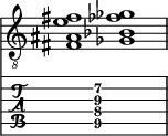  
<<
  %\override Score.BarLine.break-visibility = ##(#f #t #t)
  \time 2/1
    \new Staff  {
    \clef "treble_8"
        \once \override Staff.TimeSignature #'stencil = ##f
        < fis ais e' fis' >1 | < ges bes fes' ges' >1 |
    }

     \new TabStaff {
       \override Stem #'transparent = ##t
       \override Beam #'transparent = ##t 
      s2 < fis\5 ais\4 e'\3 fis'\2 >1 s2
  }
>>
