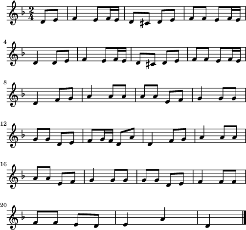 
\version "2.18.2"
\relative c'{
  \key f \major
  \time 2/4
  \partial 8*2
  d8 e f4 e8 f16 e | d8 cis d e | f f e f16 e | \break
  d4 d8 e | f4 e8 f16 e | d8 cis d e | f f e f16 e | \break
  d4 f8 g | a4 a8 a | a a e f | g4 g8 g | \break
  g g d e | f g16 f d8 a' | d,4 f8 g | a4 a8 a | \break
  a a e f | g4 g8 g | g g d e | f4 f8 f | \break
  f f e d | e4 a | d, \bar "|."
}
\layout {
  indent = #00
  line-width = #123
}
\header { tagline = ##f }
