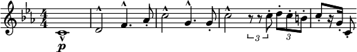 
  \relative c' { \clef treble \numericTimeSignature \time 4/4 \key c \minor c1-^\p | d2^^ f4.^^ aes8-. | c2^^ g4.^^ g8-. | c2^^ \times 2/3 { r8 r8 c-. } \times 2/3 { d-. c-. b-. } | c8-.[ r16 g-.] c,8-. }
