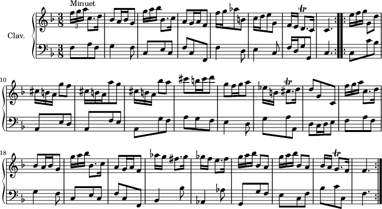 
\version "2.18.2"
\header {
  tagline = ##f
  % composer = "Domenico Scarlatti"
  % opus = "K. 94"
  % meter = "Minuet"
}

%% les petites notes
trillCisqp     = { \tag #'print { cis8.\trill } \tag #'midi { \times 2/3 { d32 cis d cis d cis~ } cis16 } }
trillGqp       = { \tag #'print { g8.\trill } \tag #'midi { \times 2/3 { a32 g a g a g~ } g16 } }
trillDqp       = { \tag #'print { d8.\trill } \tag #'midi { \times 2/3 { e32 d e d e d~ } d16 } }

upper = \relative c'' {
  \clef treble 
  \key f \major
  \time 3/8
  \tempo 4. = 40
  \set Staff.midiInstrument = #"harpsichord"
  \override TupletBracket.bracket-visibility = ##f

      \repeat volta 2 {
      s8*0^\markup{Minuet}
      \times 2/3 { f16[ g a] } c,8. d16 | bes8 a16 bes g8 |   \omit TupletNumber
 \times 2/3 { g'16[ a bes] } bes,8. c16 | a8 g16 a f8 | f'16 g aes8 b, |
      % ms. 6
      c16 d e8  g, | f16[ e] \trillDqp c16 |   \tempo 4. = 35 c4. |   \tempo 4. = 40
      }
      % ms. 9
      \repeat volta 2 {
      \times 2/3 { e'16[ f g] } g,8 d' | \times 2/3 { cis16[ b a] } g'8 f |
      % ms. 11
      \times 2/3 { cis16 b a } a'8 g | \times 2/3 { cis,16[ b a] } bes'8 a | cis b16 cis d8 | g, f16 g a8 | ees16[ b] \trillCisqp d16 |
      % ms. 16
      d8 g,   \tempo 4. = 35 c, |   \tempo 4. = 40 \times 2/3 { f'16[ g a] } c,8. d16 | bes8 a16 bes g8 | \times 2/3 { g'16[ a bes] } bes,8. c16 | a8 g16 a   \tempo 4. = 35 f8 |   \tempo 4. = 40
      % ms. 21
      aes'16[ g] fis8. g16 | ges16[ f] e8. f16 | \repeat unfold 2 { \times 2/3 { g16[ a bes] } bes,8 a } | bes16[ a] \trillGqp f16 | f4. \tempo 4. = 40
      } % fin volta

}

lower = \relative c' {
  \clef bass
  \key f \major
  \time 3/8
  \set Staff.midiInstrument = #"harpsichord"
  \override TupletBracket.bracket-visibility = ##f

    % ************************************** \appoggiatura \repeat unfold 2 {  } \times 2/3 { }
      \repeat volta 2 {
      f,8 a f | g4 f8 | c e c  | f c f, | f'4 d8 | 
      % ms. 6
      e4 c8 | f16 d g8 g, c4. 
      } % fin volta 1
      % ms. 9
      \repeat volta 2 {
      c8 c' bes a, e' d | 
      % ms. 11
      a8 f' e | a, g' f | a g f | e4 d8 | g a a, |
      % ms. 16
      d8 c16 d e8 | f a f | g4 f8 | c e c | f c f, |
      % ms. 21
      bes4 bes'8 | aes,4 aes'8 | g,8 g' f | e c f | bes c  c, | f4.
      } % fin volta 2
}

thePianoStaff = \new PianoStaff <<
    \set PianoStaff.instrumentName = #"Clav."
    \new Staff = "upper" \upper
    \new Staff = "lower" \lower
  >>

\score {
  \keepWithTag #'print \thePianoStaff
  \layout {
      #(layout-set-staff-size 17)
    \context {
      \Score
     \override SpacingSpanner.common-shortest-duration = #(ly:make-moment 1/2)
      \remove "Metronome_mark_engraver"
    }
  }
}

\score {
  \unfoldRepeats
  \keepWithTag #'midi \thePianoStaff
  \midi { }
}
