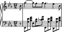 
{ \new PianoStaff << \new Staff \with { \magnifyStaff #2/3 } \relative c'' { \clef treble \time 12/8 \key c \minor \partial 8 bes8 | g'4.~ g8 f8 g8 f4. es4 bes8 } \new Staff \with { \magnifyStaff #2/3 } \relative c { \clef bass \time 12/8 \key c \minor \partial 8 r8 | es,8 <g' es'>8 <bes es g>8 es,8 <as d>8 <ces d as'>8  es,,8 <g' es'>8 <bes es g>8 d,,8 <g' es'>8 <bes es g>8 } >> }
