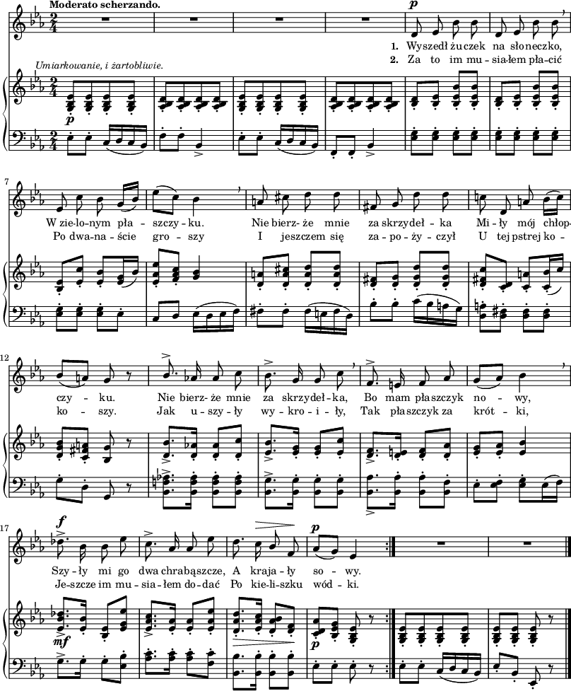 
lVarA = \lyricmode { \set stanza = "1. " Wy -- szedł żu -- czek na sło -- necz -- ko, W_zie -- lo -- nym pła -- szczy -- ku. Nie bierz- że mnie za skrzy -- deł -- ka Mi -- ły mój chłop -- czy -- ku. Nie bierz- że mnie za skrzy -- deł -- ka, Bo mam pła -- szczyk no -- wy, Szy -- ły mi go dwa chra -- bą -- szcze, A kra -- ja -- ły so -- wy. }

sVarA = { R2*4 | d8^\p es bes' bes | % w1
d, es bes' bes \breathe | es, c' bes g16([bes]) | es8([c]) bes4 \breathe | a8 cis d d | % w2
fis, g d' d | c! d, a' bes16([c]) | bes8([a]) g r | \stemUp bes8.^> \stemNeutral aes!16 aes8 c | bes8.^> g16 g8 c \breathe | f,8.^> e16 f8 aes | g([aes]) bes4 \breathe | des8.^>^\f bes16 bes8 es | % w1
c8.^> aes16 aes8 es' | d8. c16^\> \stemUp bes8 \stemNeutral f\! | aes^\p([g]) es4 \bar ":|." R2*2 \bar "|." }

lVarB = \lyricmode { \set stanza = "2. " Za to im mu -- sia -- łem pła -- cić Po dwa -- na -- ście gro -- szy I je -- szczem się za -- po -- ży -- czył U tej pstrej ko -- ko -- szy. Jak u -- szy -- ły wy -- kro -- i -- ły, Tak pła -- szczyk za krót -- ki, Je -- szcze im mu -- sia -- łem do -- dać Po kie -- li -- szku wód -- ki. }

sVarCrep = { es8-.[es-.] c16([d c bes]) | f'8-.[f-.] bes,4_> | es8-.[es-.] c16([d c bes]) | f8-.[f-.] bes4_> | <es g>8-.[<es g>-.] <es g>-.[<es g>-.] | % w1
<es g>-.[<es g>-.] <es g>-.[<es g>-.] | <es g>-.[<es g>-.] <es g>-.[es-.] | c[d] es16([d es f]) | fis8-.[fis-.]) fis16([e fis d]) | % w2
bes'8-.[bes-.] c16([bes a g]) | <d a'>8-.[<d fis>-.] <d fis>-.[<d fis>-.] | g-.[d-.] g, r | <bes f'! aes!>8.^>[<bes f' aes>16-.] <bes f' aes>8-.[<bes f' aes>-.] | <bes g'>8.^>[<bes g'>16-.] <bes g'>8-.[<bes g'>-.] | <bes aes'>8._>[<bes aes'>16-.] <bes aes'>8-.[<bes f'>-.] es-.[<es f>-.] <es g>-.[es16( f)] | g8.^>[g16-.] g8-.[<es bes'>-.] | % w1
<aes c>8.-.[<aes c>16-.] <aes c>8-.[<f c'>-.] | <bes, bes'>8.[<bes bes'>16-.] <bes bes'>8-.[<bes bes'>-.] | es-.[es-.] es-. r }

sVarB = { <g bes es>8-._\p^\markup { \halign #-0.5 \small \italic "Umiarkowanie, i żartobliwie." } [<g bes es>-. <g bes es>-. <g bes es>-.] | <aes bes d >-.[<aes bes d >-. <aes bes d >-. <aes bes d >-.] | <g bes es>-.[<g bes es>-. <g bes es>-. <g bes es>-.] | <aes bes d >-.[<aes bes d >-. <aes bes d >-. <aes bes d >-.] | <bes d>-.[<bes es>-.] <bes es bes'>-.[<bes es bes'>-.] | % w1
<bes d>-.[<bes es>-.] <bes es bes'>-.[<bes es bes'>-.] | <bes es>-.[<es c'>-.] <es bes'>-.[<es g>16( bes')] | <es, aes es'>8-.[<f aes c>-.] <g bes>4 | <d a'>8-.[<d a' cis>-.] <d a' d>-.[<d a' d>-.] | % w2
<d fis>-.[<d g>-.] <d g d'>-.[<d g d'>-.] | <d fis c'>-.[<c d>-.] <c a'>-.[<c bes'>16-.( c')] | <d, g bes>8-.[<c fis a>-.] <bes g'> r | <d bes'>8._>[<d aes'!>16-.] <d aes'>8-.[<d c'>-.] | <es bes'>8._>[<es g>16-.] <es g>8-.[<es c'>-.] | <d f>8._>[<d e>16-.] <d f>8-.[<d aes'>-.] | <es g>-.[<es aes>-.] <es bes'>4 | <es bes' des>8._>_\mf[<es bes'>16-.] <es bes>8-.[<es g es'>] | % w1
<es aes c>8._>[<es aes>16-.] <es aes>8-.[<es aes es'>\!-.] | <d aes' d>8.-._\>[<es aes c>16-.] <d aes' bes>8-.[<d f>-.\!] <c d aes'>-._\p[<bes es g>-.] <g bes es>-. r \bar ":|." <g bes es>-.[<g bes es>-. <g bes es>-. <g bes es>-.] | <g bes es>-.[<g bes es>-.] <g bes es>-. r \bar "|." }

sVarCk = {  es-.[es-.] c16([d c bes]) | es8-.[bes-.] es,-. r \bar "|." }

\paper { #(set-paper-size "a3")
 oddHeaderMarkup = "" evenHeaderMarkup = "" }
\header { tagline = ##f }
\version "2.18.2"
\score {
\midi {  }
\layout { line-width = #200
indent = 0\cm}
<<
  \new Staff { \clef "violin" \key c \minor \time 2/4 \tempo \markup { \small \bold "Moderato scherzando." } \autoBeamOff \relative d' { \sVarA } }
  \addlyrics { \small \lVarA }
  \addlyrics { \small \lVarB }
  \new PianoStaff <<
    \new Staff = "up" { \clef "violin" \key c \minor \time 2/4 \relative g { \sVarB } }
    \new Staff = "down" { \clef "bass" \key c \minor \time 2/4 \relative e { \repeat volta 2 { \sVarCrep } \sVarCk } }
  >>
>> }