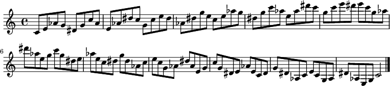 
{

\modalTranspose c c' { c dis e g aes } { c8 e aes g } 
\modalTranspose c dis' { c dis e g aes } { c e aes g } 
\modalTranspose c e' { c dis e g aes } { c e aes g } 
\modalTranspose c g' { c dis e g aes } { c e aes g } 
\modalTranspose c aes' { c dis e g aes } { c e aes g } 
\modalTranspose c c'' { c dis e g aes } { c e aes g } 
\modalTranspose c dis'' { c dis e g aes } { c e aes g } 
\modalTranspose c e'' { c dis e g aes } { c e aes g } 
\modalTranspose c g'' { c dis e g aes } { c e aes g } 

\modalInversion c e''' { c dis e g aes } { c e aes g } 
\modalInversion c dis''' { c dis e g aes } { c e aes g } 
\modalInversion c c''' { c dis e g aes } { c e aes g } 
\modalInversion c aes'' { c dis e g aes } { c e aes g } 
\modalInversion c g'' { c dis e g aes } { c e aes g } 
\modalInversion c e'' { c dis e g aes } { c e aes g } 
\modalInversion c dis'' { c dis e g aes } { c e aes g } 
\modalInversion c c'' { c dis e g aes } { c e aes g } 
\modalInversion c aes' { c dis e g aes } { c e aes g } 
\modalInversion c g' { c dis e g aes } { c e aes g } 
\modalInversion c e' { c dis e g aes } { c e aes g } 
\modalInversion c dis' { c dis e g aes } { c e aes g } 

c'2

\bar "|."
}
