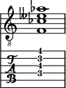  
<<
  %\override Score.BarLine.break-visibility = ##(#f #t #t)
  \time 1/1
    \new Staff  {
    \clef "treble_8"
        \once \override Staff.TimeSignature #'stencil = ##f
        <  f ces' eeses' aes'>1
    }

     \new TabStaff {
       \override Stem #'transparent = ##t
       \override Beam #'transparent = ##t 
      <  f\4 b\3 d'\2 gis'\1>1
  }
>>
