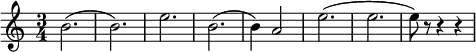 
\relative c'' { 
  \set Staff.midiInstrument = #"french horn"
  \key c \major
  \time 3/4
  b2. (b2.) e2. b2. (b4) a2 e'2. (e2. e8) r8 r4 r4
}
