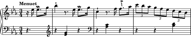 
 \relative c'' {
  \new PianoStaff <<
   \new Staff { \key es \major \time 3/4 \partial 4. \tempo "Menuet"
    r16 es es8.\mordent g16 bes4-! r8. es,16 es8.\mordent g16 c,4-! r8. f16 f8.(^\markup    
             \teeny \override #'(baseline-skip . 1) {
              \null \halign #-0
              \center-column {
               \musicglyph #"scripts.mordent"
               \natural
              } 
            }aes16 \times 2/3 {c8 bes aes} \times 2/3 {g f es} \times 2/3 {d c bes}
   }
   \new Staff { \key es \major \time 3/4 \partial 4. \clef bass
    r4. \clef treble r4 <es, g> r \clef bass r <aes, c> r r r <bes d>
     }
     >>
    }
