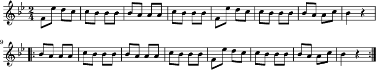 
\relative f' {
 \key bes \major
 \time 2/4
 f8 es' d c c bes bes bes bes a a a c bes bes bes
 f8 es' d c c bes bes bes bes a a c bes4 r
 \repeat volta 2 {
  bes8 a a a c bes bes bes bes a a a c bes bes bes
  f8 es' d c c bes bes bes bes a a c bes4 r
  }
 }
