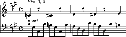 { \override Score.Rest #'style = #'classical \time 4/4 \key a \major << \relative c' { c4^\markup { \smaller { \italic Viol. 1, 2 } } r cis r | d r dis r | e }
\new Staff { \clef bass \key a \major \relative a { a8^\markup { \smaller \italic Bassi } e a, a' g e a, g' | fis d b b' a fis b, a' | g4 } } >> }