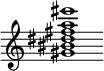 {
  % Rivin lopun pystyviiva ja tahtiosoitus piiloon.
  \override Score.BarLine.break-visibility = ##(#f #t #t)
  \override Staff.TimeSignature #'stencil = ##f
  
  <gis' bis' dis'' fis'' a'' eis'''>1
}
