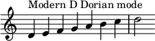  {
\override Score.TimeSignature #'stencil = ##f
\relative c' { 
  \clef treble \time 7/4
  d4^\markup { Modern D Dorian mode } e f g a b c d2

} }
