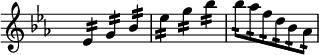 
\language "italiano"
melody = \relative do' {
  \clef treble
  \key mib \major
  \time 3/4
    \override Staff.TimeSignature.transparent = ##t
   mib4:16 sol:16 \stemUp sib:16 | \stemNeutral mib:16 sol:16 sib:16 | sib8:16 lab:16 fa:16 re:16 sib:16 lab:16 |
}
\score {
  <<
    \new Voice = "mel"
    { \melody }
  >>
  \layout {
    \context { \Staff \RemoveEmptyStaves }
    indent = 0.0\cm
    \override Score.BarNumber #'stencil = ##f
    line-width = #120
  }
   \midi {  }

}
\header { tagline = ##f}
\paper {
  print-page-number = ##f
}
