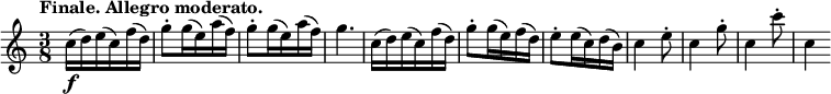 
\version "2.18.2"
\relative c'' {
  \key c \major
  \time 3/8
  \tempo "Finale. Allegro moderato."
  \tempo 8 = 186
  c16\f (d) e (c) f (d)
  g8-. g16 (e) a (f)
  g8-. g16 (e) a (f)
  g4.
  c,16 (d) e (c) f (d)
  g8-. g16 (e) f (d)
  e8-. e16 (c) d (b)
  c4 e8-.
  c4 g'8-.
  c,4 c'8-.
  c,4
}
