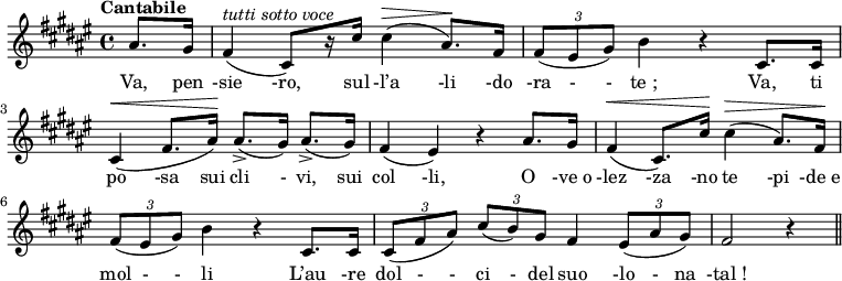 

\relative f' {

\clef treble

\key fis \major

\time 4/4

\set melismaBusyProperties = #'()

\tempo Cantabile

{

\partial 4 ais8.[ gis16] fis4(^\markup { \italic "tutti sotto voce" } cis8[) r16 cis'16] cis4(^\> ais8.[)\! fis16] \times 2/3 { fis8[( eis8 gis8]) } b4 r4 cis,8.[ cis16] \break

cis4(^\< fis8.[ ais16])\! ais8.[(-> gis16]) ais8.[(-> gis16]) fis4( eis4) r4 ais8.[ gis16] fis4(^\< cis8.[) cis'16]\! cis4(^\> ais8.)[ fis16]\! \break

\times 2/3 { fis8[( eis8 gis8]) } b4 r4 cis,8.[ cis16] \times 2/3 { cis8[( fis8 ais8)] } \times 2/3 { cis8[( b8) gis8] } fis4 \times 2/3 { eis8[( ais8 gis8]) } fis2 r4

\bar "||"

}

}

\addlyrics {

Va, pen -sie -ro, sul -l’a -li -do -ra - -  te_; Va, ti

po -sa sui cli - vi, sui col -li, O -ve_o -lez  -za -no te -pi -de_e

mol - - li   L’au -re dol  - - ci - del suo -lo - na  -tal_!

}

