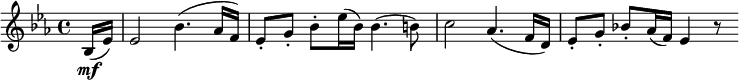 { \relative bes { \key es \major \time 4/4
\partial 8 bes16( \mf es) | es2 bes'4.( as16 f) | es8-. g-. bes-. es16( bes) bes4.( b8) |
c2 as4.( f16 d) | es8-. g-. bes!-. as16( f) es4 r8
}} 