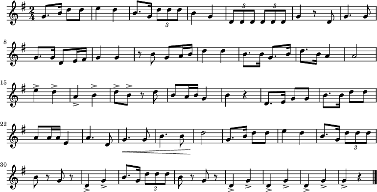 
 \relative c' {
  \set Staff.midiInstrument=#"trumpet"
  \key g \major
  \time 2/4
  g'8. b16 d8 d e4 d
  b8. g16 \times 2/3 {d'8 d d} b4 g
  \times 2/3 {d8 d d} \times 2/3 {d d d} g4 r8 d
  g4. g8 g8. g16 d8 e16 fis
  g4 g r8 b \noBeam g8 a16 b
  d4 d b8. b16 g8. b16
  d8. b16 a4 a2
  e'4-> d-> a-> b->
  d8-> b-> r d b a16 b g4 b r
  d,8. e16 g8 g b8. b16 d8 d
  a a16 a e4 a4. d,8
  g4.\< g8 b4. b8
  d2\! g,8. b16 d8 d
  e4 d b8. g16 \times 2/3 {d'8 d d}
  b8 r g r d4-> g->
  b8. g16 \times 2/3 {d'8 d d} b8 r g r
  d4-> g-> d4-> g->
  d4-> g-> g-> r \bar "|."
 }
 \addlyrics {
  \skip 1 \skip 1 \skip 1 \skip 1 \skip 1 \skip 1 \skip 1 \skip 1 \skip 1 \skip 1 \skip 1 \skip 1 \skip 1 \skip 1 \skip 1 \skip 1 \skip 1 \skip 1 \skip 1 \skip 1 \override LyricText.self-alignment-X = #-1
  <<
   {
    起 来！ 不 愿 做 奴 隶 的 人 们！
    把 我 们 的 血 肉， 筑 成 我 们 新 的 长 城！
    中 华 民 族 到 了 最 危 险 的 时 候，
    每 个 人 被 迫 着 发 出 最 后 的 吼 声。
    起 来！ 起 来！ 起 来！
    我 们 万 众 一 心，
    冒 着 敌 人 的 炮 火， 前 进！
    冒 着 敌 人 的 炮 火， 前 进！
    前 进！ 前 进！ 进！
   }
   \new Lyrics {
    起 來！ 不 願 做 奴 隸 的 人 們！
    把 我 們 的 血 肉， 築 成 我 們 新 的 長 城！
    中 華 民 族 到 了 最 危 險 的 時 候，
    每 個 人 被 迫 著 發 出 最 後 的 吼 聲。
    起 來！ 起 來！ 起 來！
    我 們 萬 眾 一 心，
    冒 著 敵 人 的 炮 火， 前 進！
    冒 著 敵 人 的 炮 火， 前 進！
    前 進！ 前 進！ 進！
   }
  >>
 }
