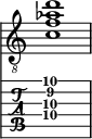  
<<
  %\override Score.BarLine.break-visibility = ##(#f #t #t)
  \time 1/1
    \new Staff  {
    \clef "treble_8"
        \once \override Staff.TimeSignature #'stencil = ##f
        <  c' f' aes' d''>1
    }

     \new TabStaff {
       \override Stem #'transparent = ##t
       \override Beam #'transparent = ##t 
      <  c'\4 f'\3 gis'\2 d''\1>1
  }
>>
