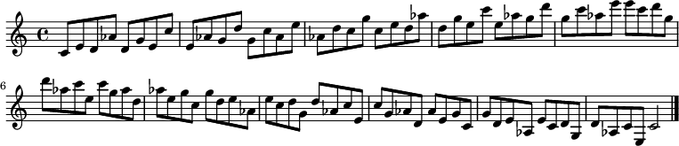 
{

\modalTranspose c c' { c d e g aes } { c8 e d aes } 
\modalTranspose c d' { c d e g aes } { c e d aes } 
\modalTranspose c e' { c d e g aes } { c e d aes } 
\modalTranspose c g' { c d e g aes } { c e d aes } 
\modalTranspose c aes' { c d e g aes } { c e d aes } 
\modalTranspose c c'' { c d e g aes } { c e d aes } 
\modalTranspose c d'' { c d e g aes } { c e d aes } 
\modalTranspose c e'' { c d e g aes } { c e d aes } 
\modalTranspose c g'' { c d e g aes } { c e d aes } 

\modalInversion c e''' { c d e g aes } { c e d aes } 
\modalInversion c d''' { c d e g aes } { c e d aes } 
\modalInversion c c''' { c d e g aes } { c e d aes } 
\modalInversion c aes'' { c d e g aes } { c e d aes } 
\modalInversion c g'' { c d e g aes } { c e d aes } 
\modalInversion c e'' { c d e g aes } { c e d aes } 
\modalInversion c d'' { c d e g aes } { c e d aes } 
\modalInversion c c'' { c d e g aes } { c e d aes } 
\modalInversion c aes' { c d e g aes } { c e d aes } 
\modalInversion c g' { c d e g aes } { c e d aes } 
\modalInversion c e' { c d e g aes } { c e d aes } 
\modalInversion c d' { c d e g aes } { c e d aes } 

c'2

\bar "|."
}
