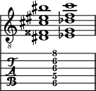  
<<
  %\override Score.BarLine.break-visibility = ##(#f #t #t)
  \time 2/1
    \new Staff  {
    \clef "treble_8"
        \once \override Staff.TimeSignature #'stencil = ##f
        < dis fisis cis' eis' bis'>1 | < ees g des' f' c''>1 |
    }

     \new TabStaff {
       \override Stem #'transparent = ##t
       \override Beam #'transparent = ##t 
      s2 < dis\5 g\4 cis'\3 f'\2 c''\1>1 s2
  }
>>
