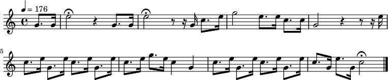 {
#(set-default-paper-size "a5")
#(set-global-staff-size 15)
\override Score.SpacingSpanner #'common-shortest-duration = #(ly:make-moment 1 8)
\tempo 4 = 176
\set Staff.midiInstrument = #"trumpet"
\relative g' {\partial 4 g8. g16 e'2\fermata r4 g,8. g16 e'2\fermata r8 r16 g,16 c8. e16 g2 e8. e16 c8. c16 g2 r4 r8 r16 e'16 %\break 
c8. e16 g,8. e'16 c8. e16 g,8. e'16 c8. e16 g8. e16 c4 g4 c8. e16 g,8. e'16 c8. e16 g,8. e'16 c8. g16 e'8. g,16 c2\fermata \bar "|."}
}