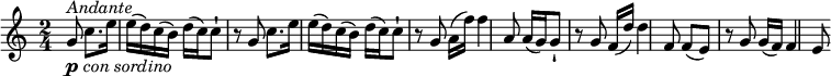 
\relative c' {
  \version "2.18.2"
  \key c \major
  \time 2/4 
  \partial 4. g'8^\markup { \italic Andante }_\markup { \dynamic p  \hspace #0.1  \italic { con sordino } }
   c8. e16 e (d) c (b)
   d (c) c8-! r8 g8
   c8. e16 e (d) c (b)
   d (c) c8-! r8 g8
   a16 (f') f4 a,8
   a16 (g) g8-! r8 g
   f16 (d') d4 f,8
   f (e) r8 g
   g16 (f) f4 e8
}
