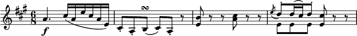  { \relative a' { \key a \major \time 6/8
a4. \f cis16( a e' cis a e) | cis8-. a-. b( \turn cis) a-. r | <b' e,> 8 r r <cis a> r r |
<< \new Voice = "first" { \stemUp \slurDown \acciaccatura e8 \stemUp \slurUp d8^. d16( cis) d8^. }
   \new Voice = "second" { \stemDown e,8 e e } >> <cis' e,>8 r r }} 