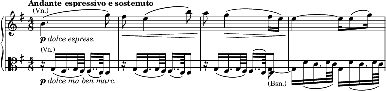 \new GrandStaff
<<
\new Staff \relative c''{ \clef treble \key e \minor \time 4/8 \set Score.tempoHideNote = ##t \tempo "Andante espressivo e sostenuto" 8=54 b4.(^\markup{\smaller \center-align {(Vn.)}}_\markup{\dynamic p \italic {dolce espress.}} g'8) | \noBreak fis\< e4( b'8) | \noBreak a\! g4(\> fis16 e) | \noBreak e4\! ~ e16[ e8( g16])}
\new Staff {\relative c' \clef alto \key e \minor \time 4/8 r16^\markup{\smaller (Va.)}_\markup{\dynamic p \italic {dolce ma ben marc.}} g( fis16. g64 fis) fis16..( e64) e8 r16 g( fis16. g64 fis) fis16..( e64) e8 r16 g( fis16. g64 fis) 
<<\relative c{fis16..( e64) e8}
\\
\relative c'{s8 g_\markup{\smaller (Bsn.)} ~ g16 d'( c16. d64 c) g16 d'( c16. d64 c)}
>>
}
>>
