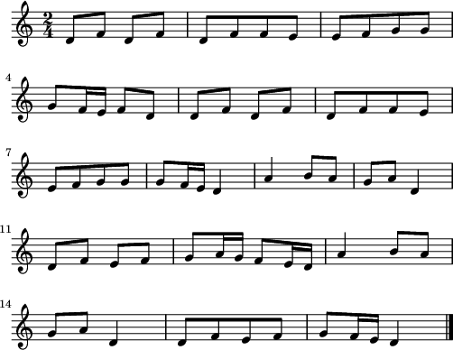 
\version "2.18.2"
\relative c'{
  \time 2/4
  d8 f d f | d[ f f e] | e[ f g g] | \break
  g f16 e f8 d | d f d f | d[ f f e] | \break
  e[ f g g] | g f16 e d4 | a' b8 a | g a d,4 | \break
  d8 f e f | g a16 g f8 e16 d | a'4 b8 a | \break
  g a d,4 | d8[ f e f] | g8 f16 e d4 \bar "|."
}
\layout {
  indent = #00
  line-width = #123
}
\header { tagline = ##f }
