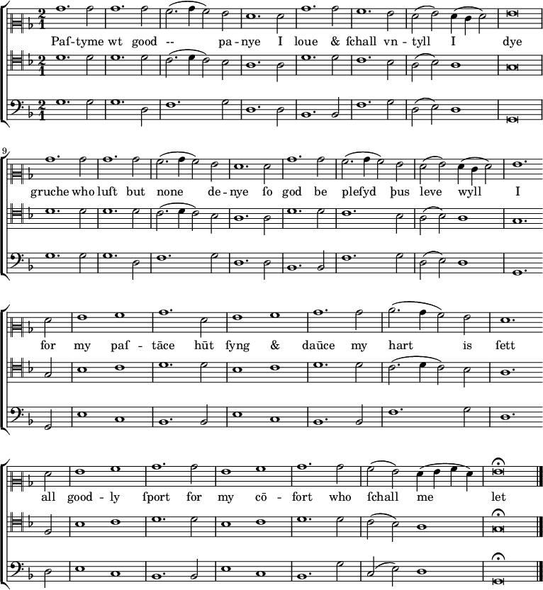 
  \version "2.10.33"
  \new ChoirStaff <<
    \new Staff {
      \set Score.tempoHideNote = ##t
      \tempo 1 = 125
      \time 2/1 \key g \dorian
      \clef "neomensural-c2"
      %% \override NoteHead #'style = #'petrucci
      bes'1. bes'2 bes'1. bes'2  a'2. (bes'4 a'2) g'2 f'1. 
      f'2 bes'1. bes'2 a'1. g'2 f' (g') f'4 (e' f'2) g'\breve \break
      bes'1. bes'2 bes'1. bes'2  a'2. (bes'4 a'2) g'2 f'1.
      f'2 bes'1. bes'2 a'2. (bes'4 a'2)  g'2 f' (g') f'4 (e' f'2) g'1. \bar "" \break
      f'2 g'1 a' bes'1.    f'2 g'1 a' bes'1.   bes'2 c''2. (bes'4 a'2) g' f'1. \bar "" \break
      f'2 g'1 a' bes'1.  bes'2 g'1 a' bes'1.   bes'2 a' (g') f'4 (g' a' f')   
      g'\breve\fermata      \bar "|."
    } %% /new Staff
    \addlyrics { 
      Paſ -- tyme wt good Ꝯ-- pa -- nye 
      I loue "&" ſchall vn -- tyll I dye 
      gruche who luſt but none de -- nye
      ſo god be pleſyd þus leve wyll I
      for my paſ -- tāce 
      hūt ſyng "&" daūce
      my hart is ſett
      all good -- ly ſport
      for my cō -- fort
      who ſchall me let
    } %% /addlyrics
    \new Staff {
      \time 2/1 \key g \dorian
      \clef "neomensural-c4"
      d'1. d'2 d'1. d'2 c'2. (d'4 c'2) bes2 a1. a2 d'1. d'2 c'1. bes2 a2 (bes2) a1 g\breve
      d'1. d'2 d'1. d'2 c'2. (d'4 c'2) bes2 a1. a2 d'1. d'2 c'1. bes2 a2 (bes2)
      a1 g1. g2 bes1 c'1 d'1. d'2 bes1 c'1 d'1. d'2 c'2. (d'4 c'2) bes2
      a1. f2 bes1 c'1 d'1. d'2 bes1 c'1 d'1. d'2 c'2 (bes2) a1 g\breve\fermata \bar "|."
    } %% /new Staff
    \new Staff {
      \time 2/1 \key g \dorian
      \clef bass
      g1. g2 g1. d2 f1. g2 d1. d2 bes,1. bes,2 f1. g2 d2 (e2) d1 g,\breve
      g1. g2 g1. d2 f1. g2 d1. d2 bes,1. bes,2 f1. g2 d2 (e2)
      d1 g,1. g,2 e1 c1 bes,1. bes,2 e1 c1 bes,1. bes,2 f1.
      g2 d1. d2 e1 c1 bes,1. bes,2 e1 c1 bes,1. g2 c2 (e2) d1 g,\breve\fermata \bar "|."
    } %% /new Staff
  >> %% /new ChoirStaff
