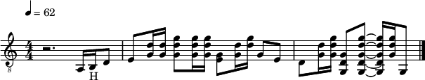 #(define (tie::tab-clear-tied-fret-numbers grob)
   (let* ((tied-fret-nr (ly:spanner-bound grob RIGHT)))
      (ly:grob-set-property! tied-fret-nr 'transparent #t)))

\version "2.14.0"

\layout {
   \context { \Score
      \override MetronomeMark #'padding = #'5
   }
   \context { \Staff
      \override TimeSignature #'style = #'numbered
      \override StringNumber #'transparent = ##t
   }
   \context { \TabStaff
      \override TimeSignature #'style = #'numbered
      \override Stem #'transparent = ##t
      \override Beam #'transparent = ##t
      \override Tie  #'after-line-breaking = #tie::tab-clear-tied-fret-numbers
   }
   \context { \TabVoice
      \override Tie #'stencil = ##f
   }
   \context { \StaffGroup
      \consists "Instrument_name_engraver"
   }
}

{
   \tempo 4=62
   \clef "treble_8"
   \key c \major
   \time 4/4
   \oneVoice
   r2. <a,\5>16 <b,\5>16_"H" <d\4>8 
   <e\4>8 <d'\2 g\3 >16 <d'\2 g\3 >16 <g'\1 d'\2 g\3 >8 <g'\1 d'\2 g\3 >16 <g'\1 d'\2 g\3 >16 <g\3 e\4 >8 <d'\2 g\3 >16 <g'\1 d'\2 >16 <g\3>8 <e\4>8 
   <d\4>8 <d'\2 g\3 >16 <g'\1 d'\2 g\3 >16 <g\3 d\4 g,\6 >8 <g'~\1 d'~\2 g~\3 d~\4 g,~\6 >8 <g'\1 d'\2 g\3 d\4 g,\6 >16 <g'\1 d'\2 g\3 >16 <g,\6>8
   \bar "|."
   \pageBreak
}