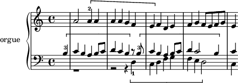 
\version "2.18.2"
\header {
  tagline = ##f
}

temaChrist   = { \[ d4-1 c d f g f e d2 \] }
temaChristus = { \[ a4-2 a a a g f e \] }
temaDaJesusA =    { \[ b4-3 c b a b8 c d4 c b \] }
temaDaJesusB = { r8 \[ b8-3 c4 b a b8 c d4 c2 b4 \] }

upper = \relative c'' {
  \clef treble 
  \key c \major
  \time 4/4
  \tempo 4 = 105
\set Score.currentBarNumber = #19
  \bar ""

   \partial 4
   s4 a2 \temaChristus f4 d e f g | f8 e f g | e4

}

lower = \relative c' {
  \clef bass
  \key c \major
  \time 4/4

   << { \temaDaJesusA \temaDaJesusB c4 } \\ { s4 r1 r2 r4 \relative c \temaChrist c,4 } >>

}

\score {
  \new PianoStaff <<
    \set PianoStaff.instrumentName = #"orgue"
    \new Staff = "upper" \upper
    \new Staff = "lower" \lower
  >>
  \layout {
    \context {
      \Score
     \override SpacingSpanner.common-shortest-duration = #(ly:make-moment 1/2)
      \remove "Metronome_mark_engraver"
    }
  }
  \midi { \set Staff.midiInstrument = #"church organ" }
}
