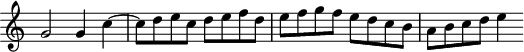 
\version "2.14.2"
\header {
  tagline = ##f
}

\score {
  \new Staff \with {
   \remove "Time_signature_engraver"

  }
  \relative c'' {
    \key c \major
    \time 4/4
    \tempo 4 = 92
    %\autoBeamOff
    \clef treble
    \override Rest #'style = #'classical
    % Ricercare no 6
    g2 g4 c4~ | c8 d e c d | e f d e f g f e d c b a b c d e4 |

  }
  \layout {
    \context {
      \Score
      \remove "Metronome_mark_engraver"

    }
  }
  \midi {}
}
