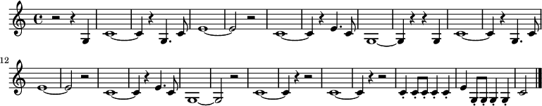 
{
\set Staff.midiInstrument = #"trumpet"
\time 4/4
  r2 r4  g4
  c'1 ~ c'4 r4 g4. c'8
  e'1 ~ e'2 r2
  c'1 ~ c'4 r4 e'4. c'8
  g1 ~ g4 r4 r4 g4 
  c'1 ~ c'4 r4 g4. c'8
  e'1 ~ e'2 r2
  c'1 ~ c'4 r4 e'4. c'8
  g1 ~ g2 r2 
  c'1 ~ c'4 r4 r2
  c'1 ~ c'4 r4 r2
  c'4-. c'8-. c'8-. c'4-. c'4-.
  e'4 g8-. g8-. g4-. g4-.
  c'2
\bar "|."
}
