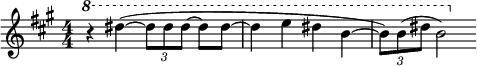 
 \relative c'' {
 \numericTimeSignature
 \time 4/4
 \key a \major
 \ottava #1
   r4 dis'( ~ \tuplet 3/2 { dis8 dis dis~ } dis dis~
   dis4 e dis b ~ |
  \tuplet 3/2 { b8) b( dis } b2)
 }
